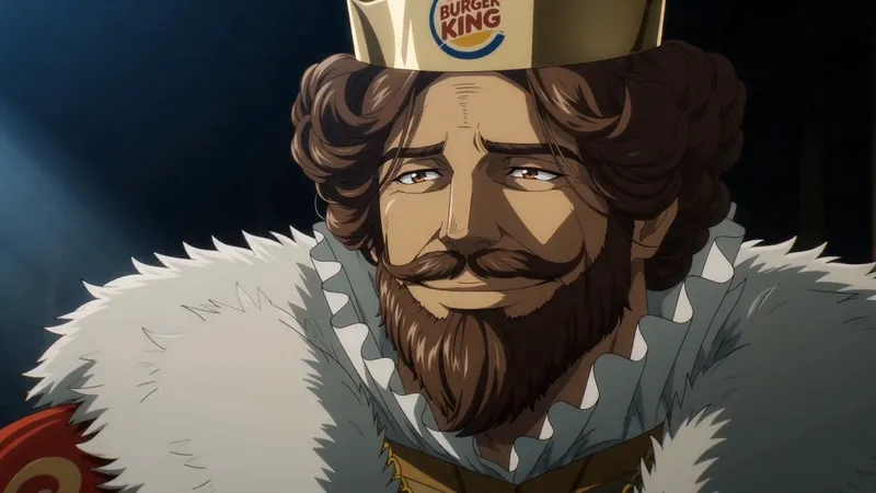 The Burger King reforged as an anime warrior, crown ablaze, mid-battle stance