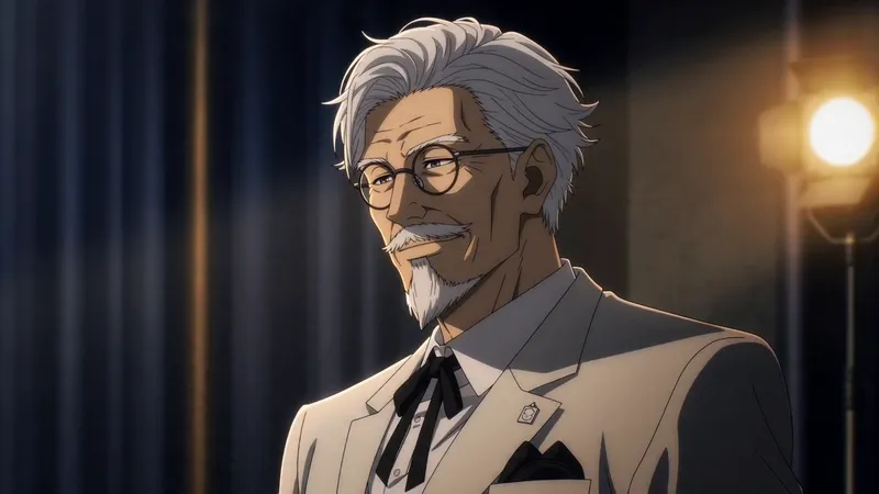 Colonel Sanders reborn as a white-suited anime swordmaster, unflinching