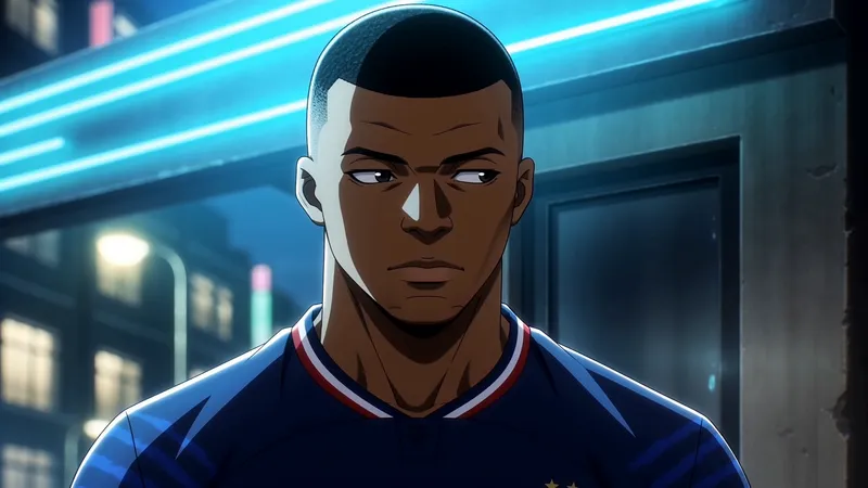 Kylian Mbappé drawn as an anime speedster, boots crackling with light