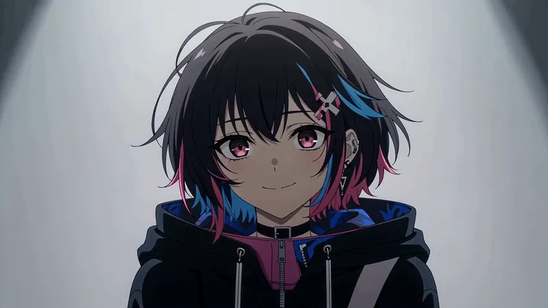Hime, dark bob streaked pink and blue, a choker at her throat and a calm half-smile before the fight